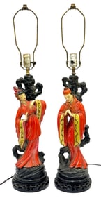 Pair of Vtg. Asian Figural Chalkware Lamps
