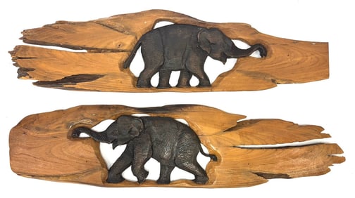Pair of Hand Carved Wooden Elephant Sculptures