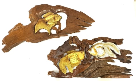 Pair of Hand Carved Wooden Goldfish Sculptures