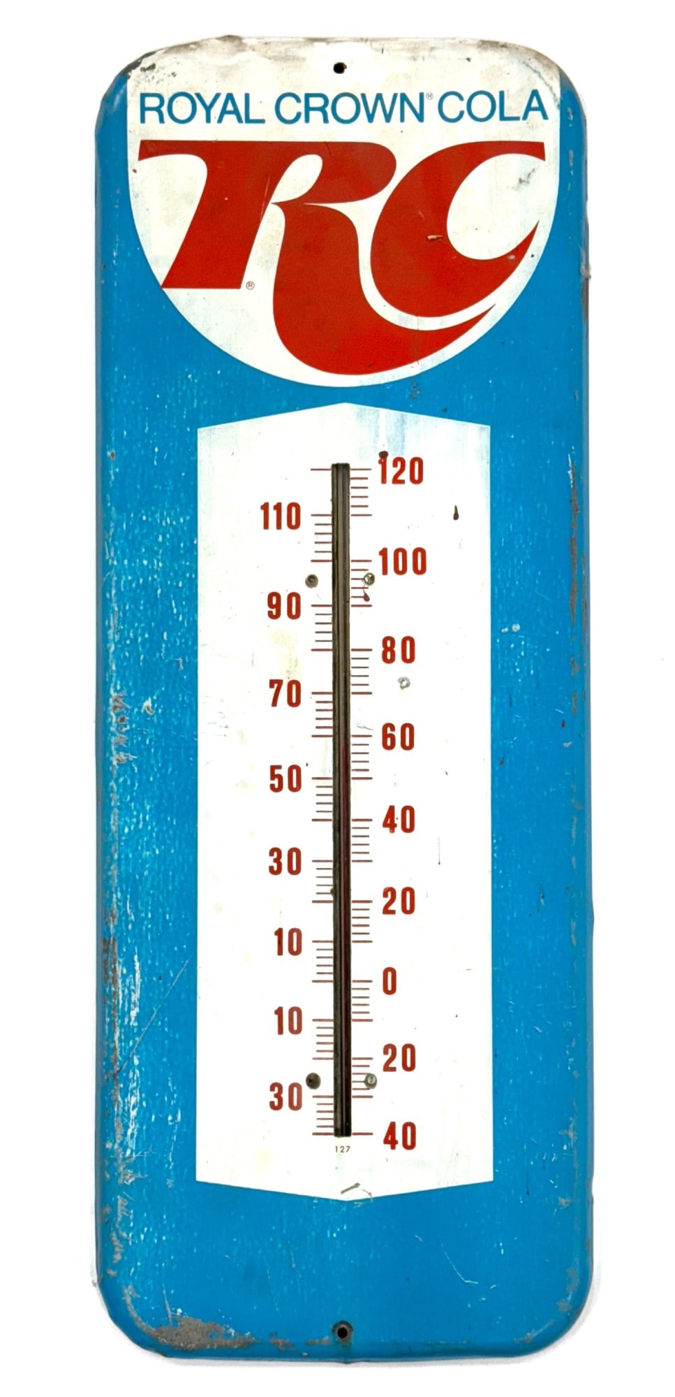 Vtg. RC Royal Crown SS Metal Advertising Thermometer: Vtg. RC Royal Crown SS Metal Advertising Thermometer.? Does have some paint wear and scratches, but overall still displays nicely and thermometer intact and still works.? Measures 9.75in x 25.75in