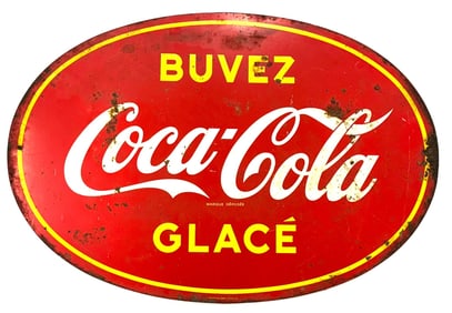 1940's Coca-Cola BUVEZ GLACE Oval SS Tin Advertising Sign
