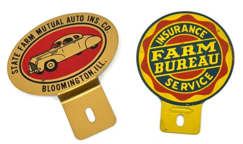 (2) Vintage Insurance Advertising License Plate Toppers