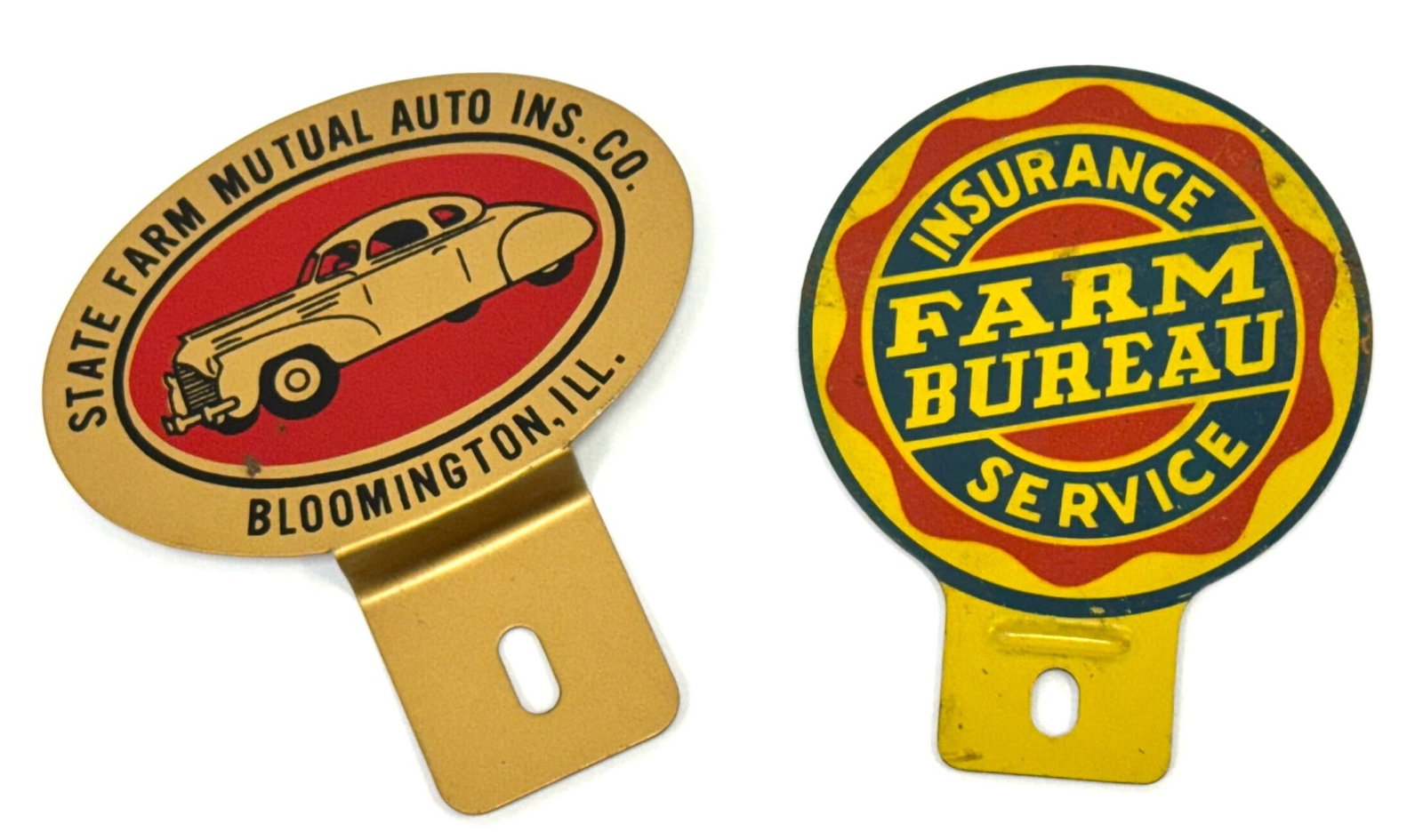(2) Vintage Insurance Advertising License Plate Toppers: (2) Vintage Insurance Advertising License Plate Toppers incuding Farm Bureau Insurance Service and State Farm Auto INS. CO. Bloomington, ILL.? Largest measures 4.25in x 4.5in