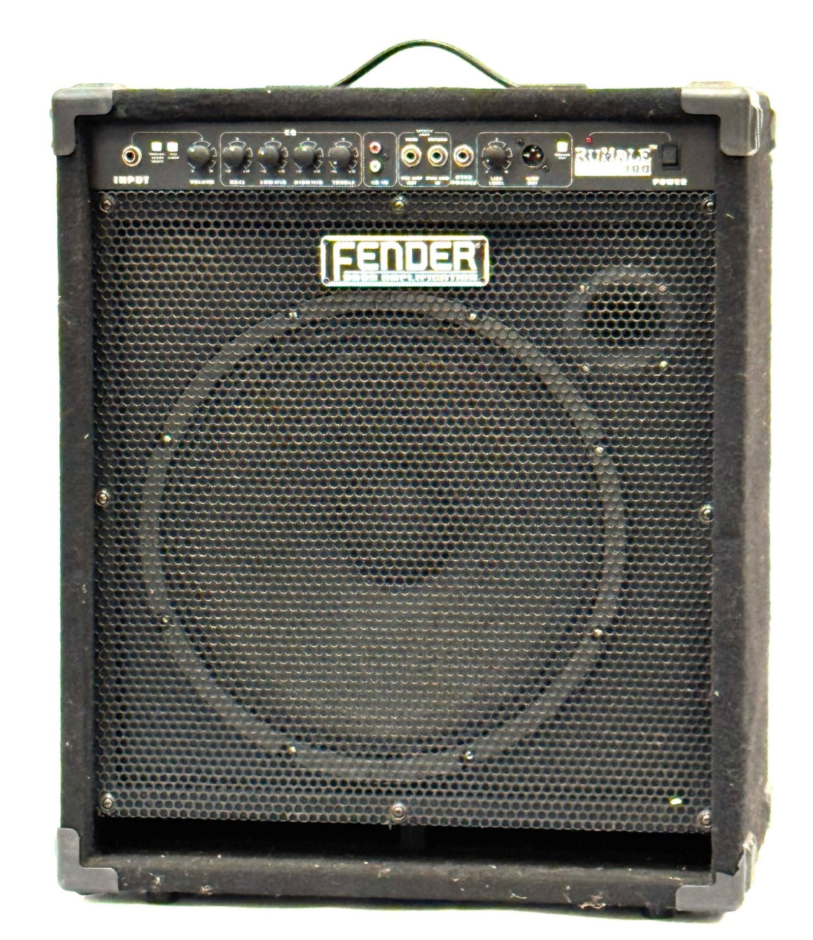Fender Rumble 100 Bass Guitar Combo Amplifier: Fender Rumble 100 Bass Guitar Combo Amplifier. The Rumble 100 is in good, used condition with a 100 watt output and 15" speaker. This heavy duty amplifier measures approximately 21" wide x 25" tall. T