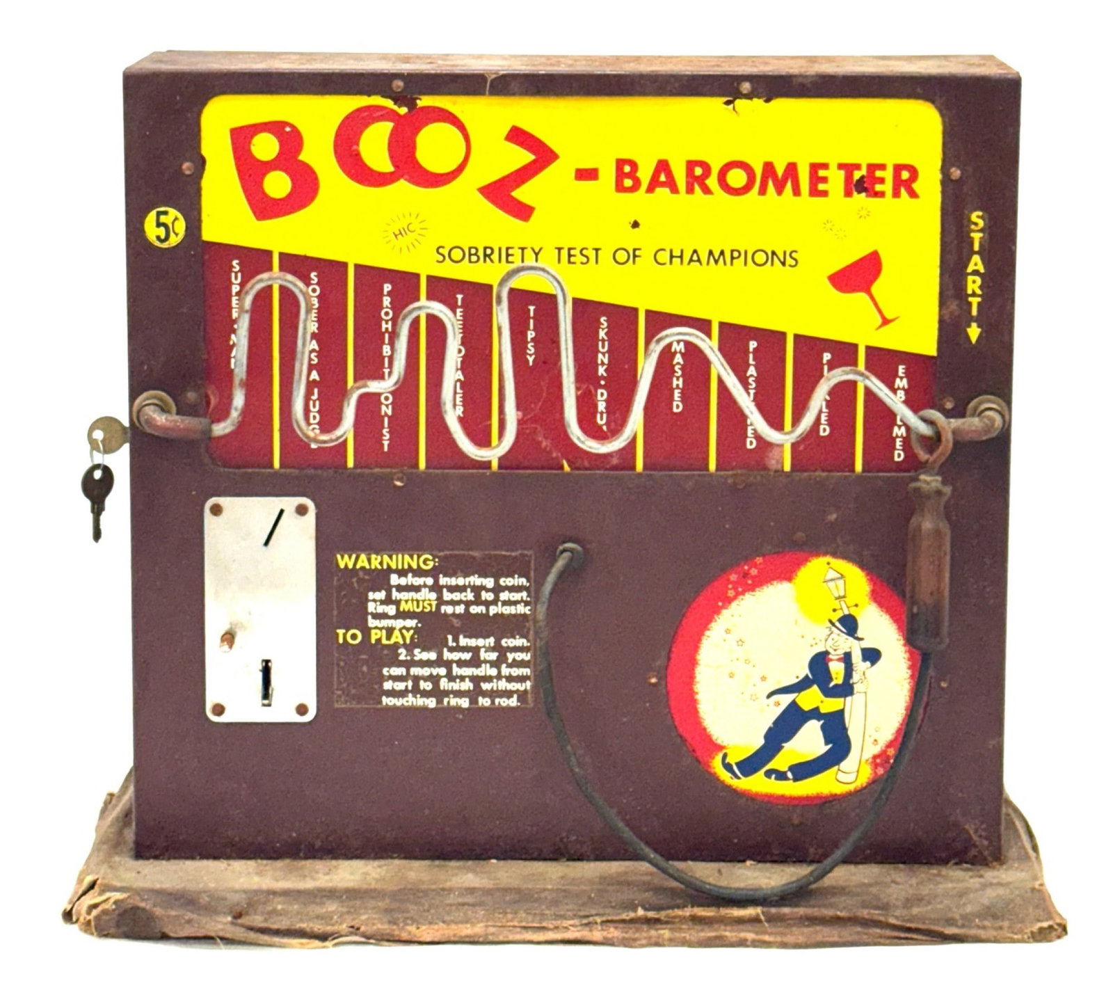 Vtg. Booz Barometer 5-Cent Coin-Op Sobriety Test Of Champions Novelty Arcade Game: Vtg. Countertop Booz Barometer 5-Cent Coin-Op Sobriety Test Of Champions Novelty Arcade Game? 20"x 17.5" It Is Built From Metal & On A Wooden Base, It Is Rusty & The Wooden Base Is Decaying Showing Ag