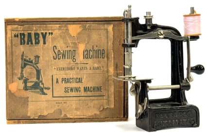 Vtg. Peerless Cast Iron Automatic Sewing Machine in Wooden "Baby" Crate