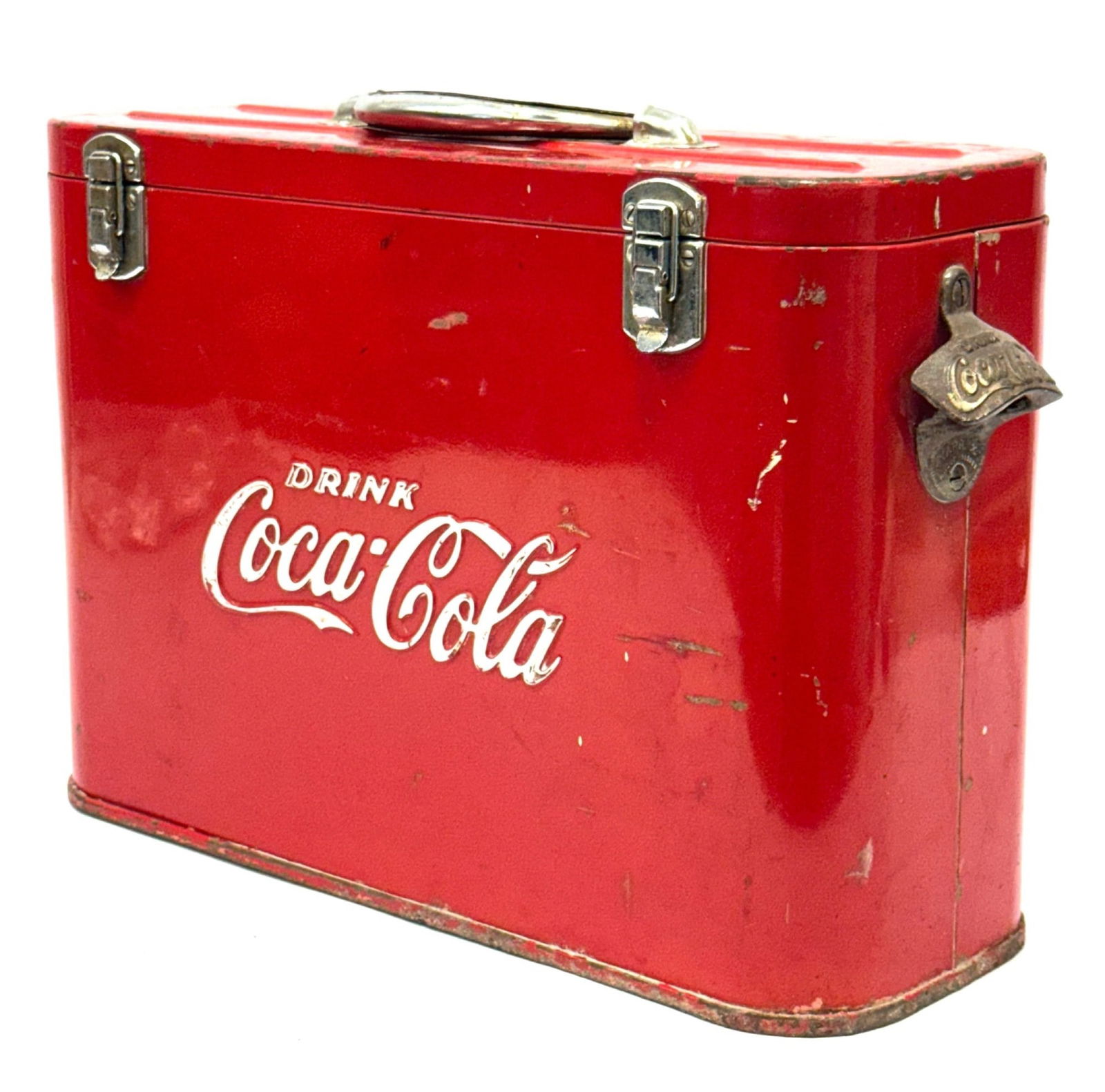 Vtg. Original Coca-Cola Airline Cooler: Vtg. Original Coca-Cola Airline Cooler with Bottle Opener.? Does have some surface scratches and slight surface rust due to age and use.? Inside is clean and intact? *measures 17in x 6in x 12in