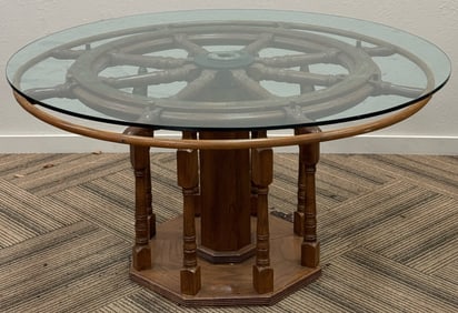 Beautiful Antique Nautical Ship Wheel Glass Top Table