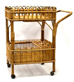 Mid Century Italian Bamboo & Rattan Trolly Serving Cart