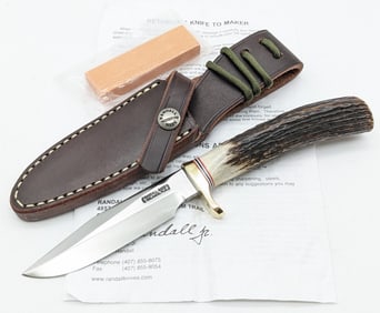Randall Model 5 4in Stag Camp & Trail Knife w/ Sheath, Stone, & Papers