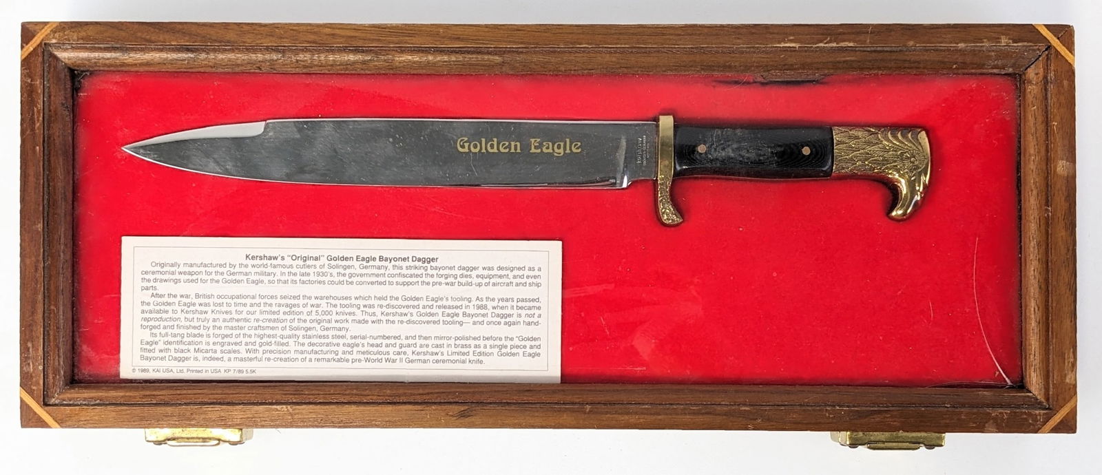 Ltd Kershaw Original Golden Eagle Bayonet Dagger w/ Display: Kershaw states that this dagger is a re-creation not a reproduction due to the original dies being reused to make these limited line of knives. Knife is number 3636 of 5000 and features a mirror polis