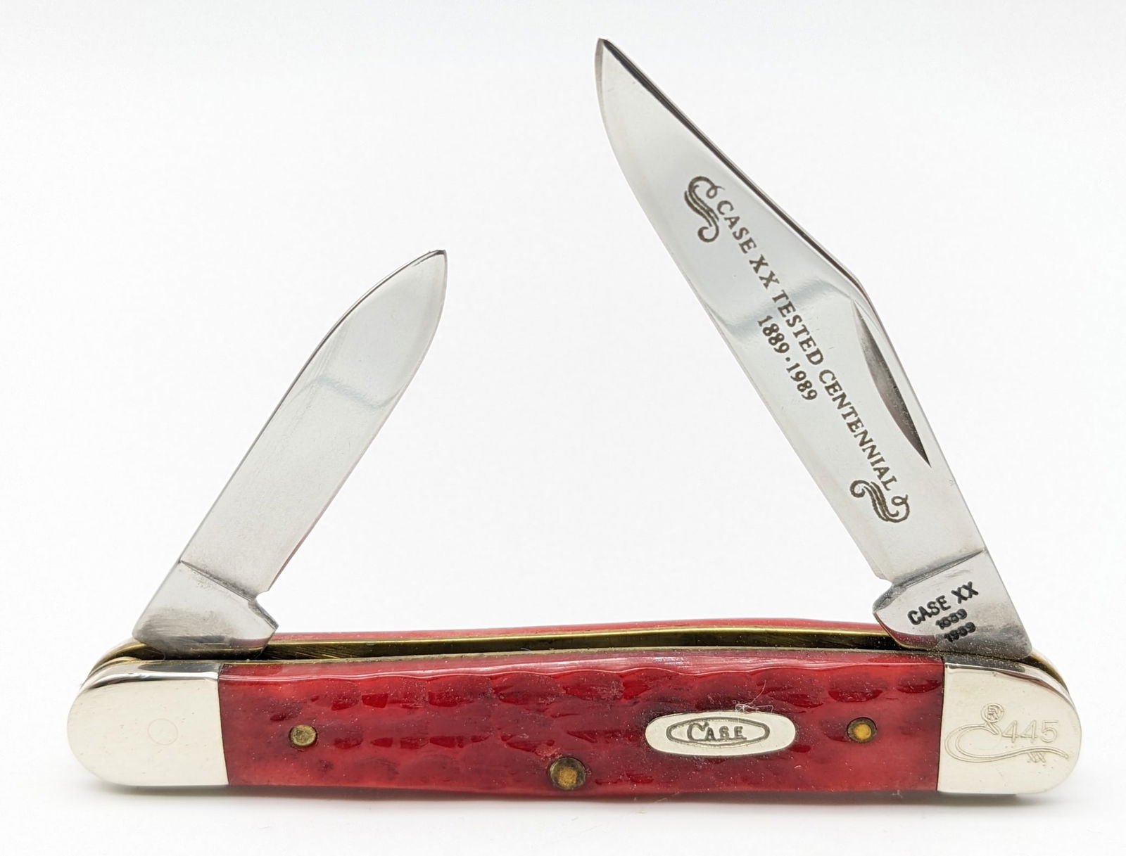 Ltd 1989 Case XX Centennial Red Bone Half Whittler R6208: Ltd 1989 Case XX Centennial Red Bone Half Whittler R6208. Knife is numbered 445 on the upper front bolster, and is in like new condition. Overall measures 3-1/4in when closed.