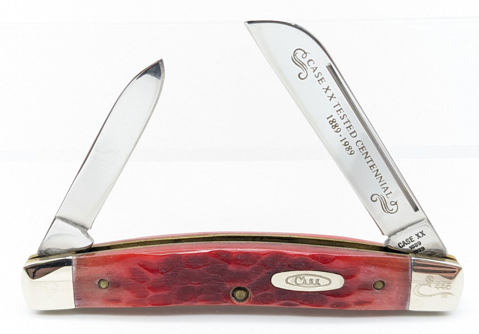 Ltd 1989 Case XX Centennial Red Bone Congress R62052: Ltd 1989 Case XX Centennial Red Bone Congress R62052. Knife is numbered 445 on the upper front bolster, and is in like new condition. Overall measures 3-3/8in when closed.