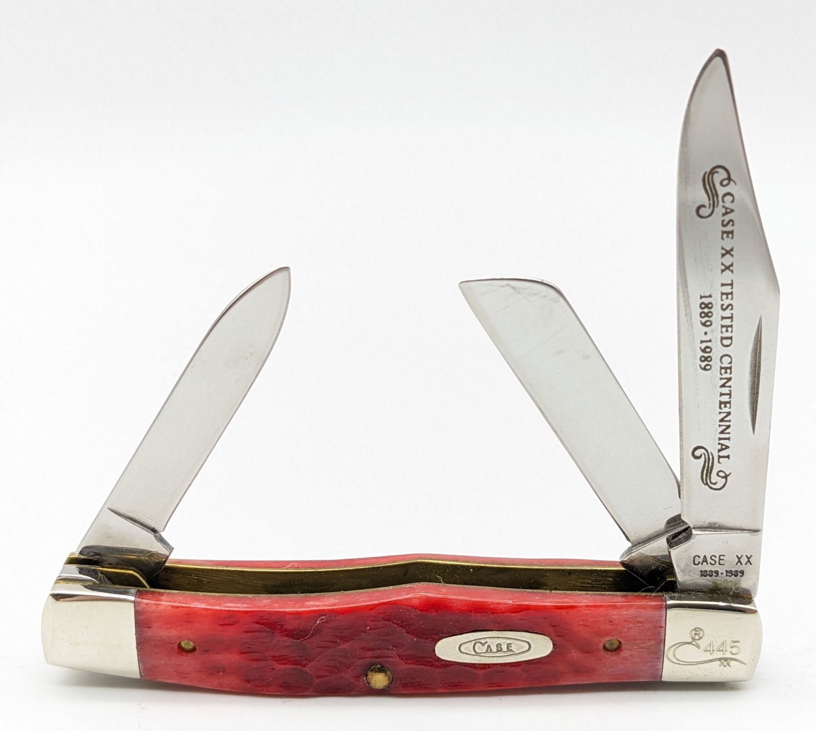 Ltd 1989 Case XX Centennial Red Bone Stockman R63032: Ltd 1989 Case XX Centennial Red Bone Stockman R63032. Knife is numbered 445 on the upper front bolster, and is in like new condition. Overall measures 3-1/2in when closed.