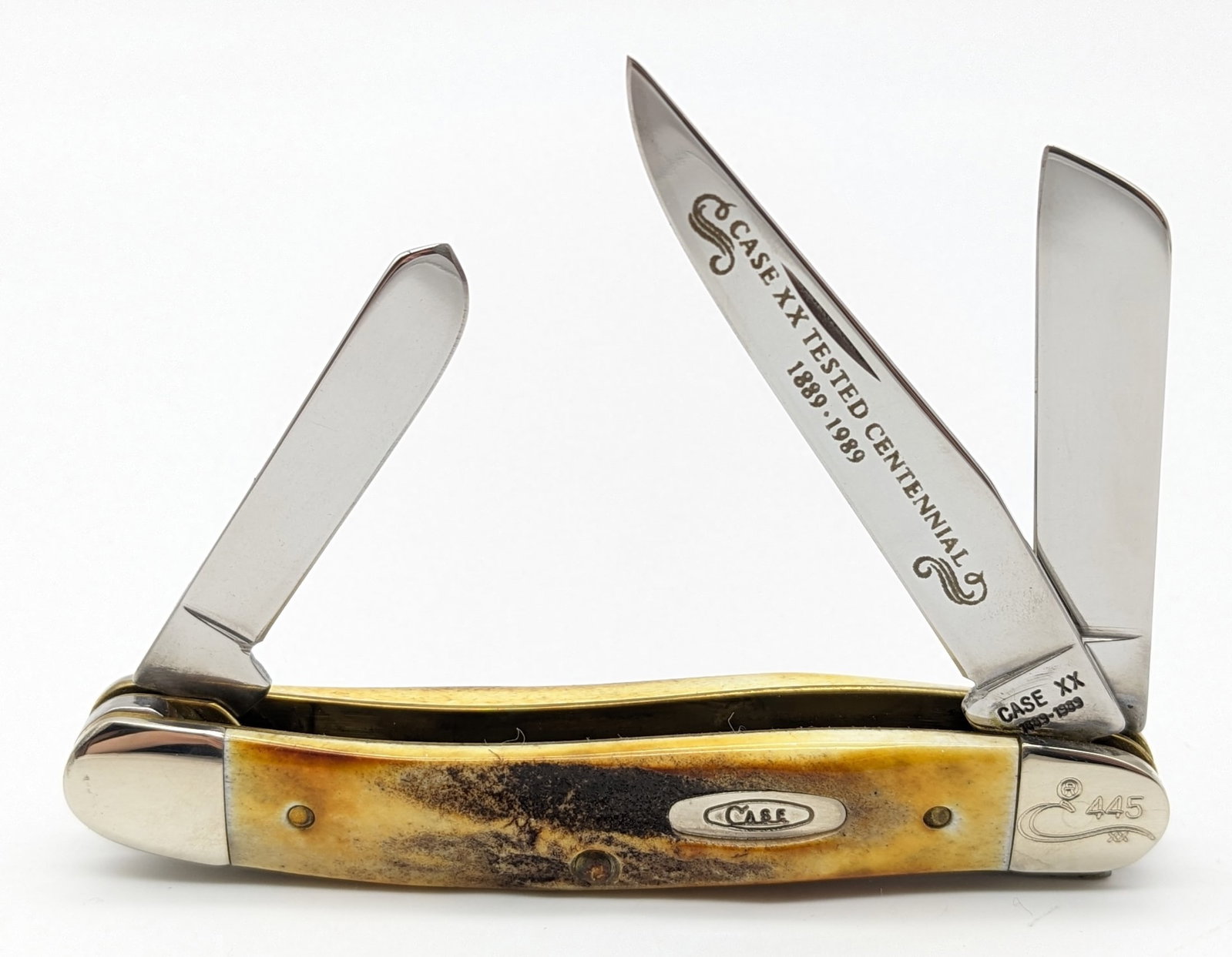 Ltd 1989 Case XX Centennial Stag Medium Stockman 5318: Ltd 1989 Case XX Centennial Stag Medium Stockman 5318. Knife is numbered 445 on the upper front bolster, and is in like new condition. Overall measures 3-5/8in when closed.