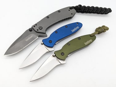 (2) Kershaw Ken Onion Scallion 1620OL & (1) Hinderer Cryo 1555TI Spring Assisted Knives