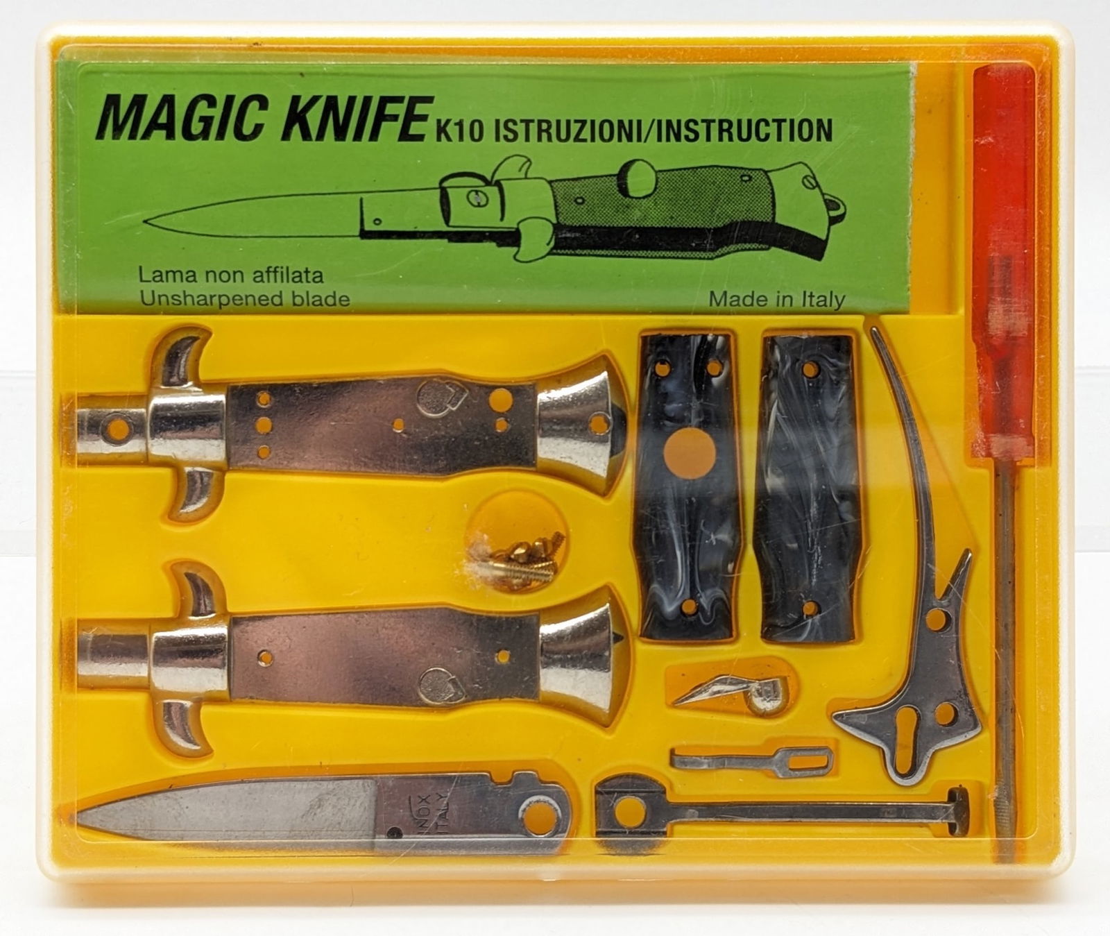 Inox Italy K10 Magic Knife Mini Switchblade Kit: Kit comes with all the parts and tools to put together a mini stiletto switchblade knife. All parts appear to be present and are in nice condition.
