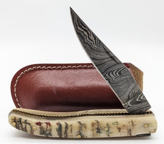 Unmarked Damascus Rams Horn File Worked Folding Knife w/ Sheath