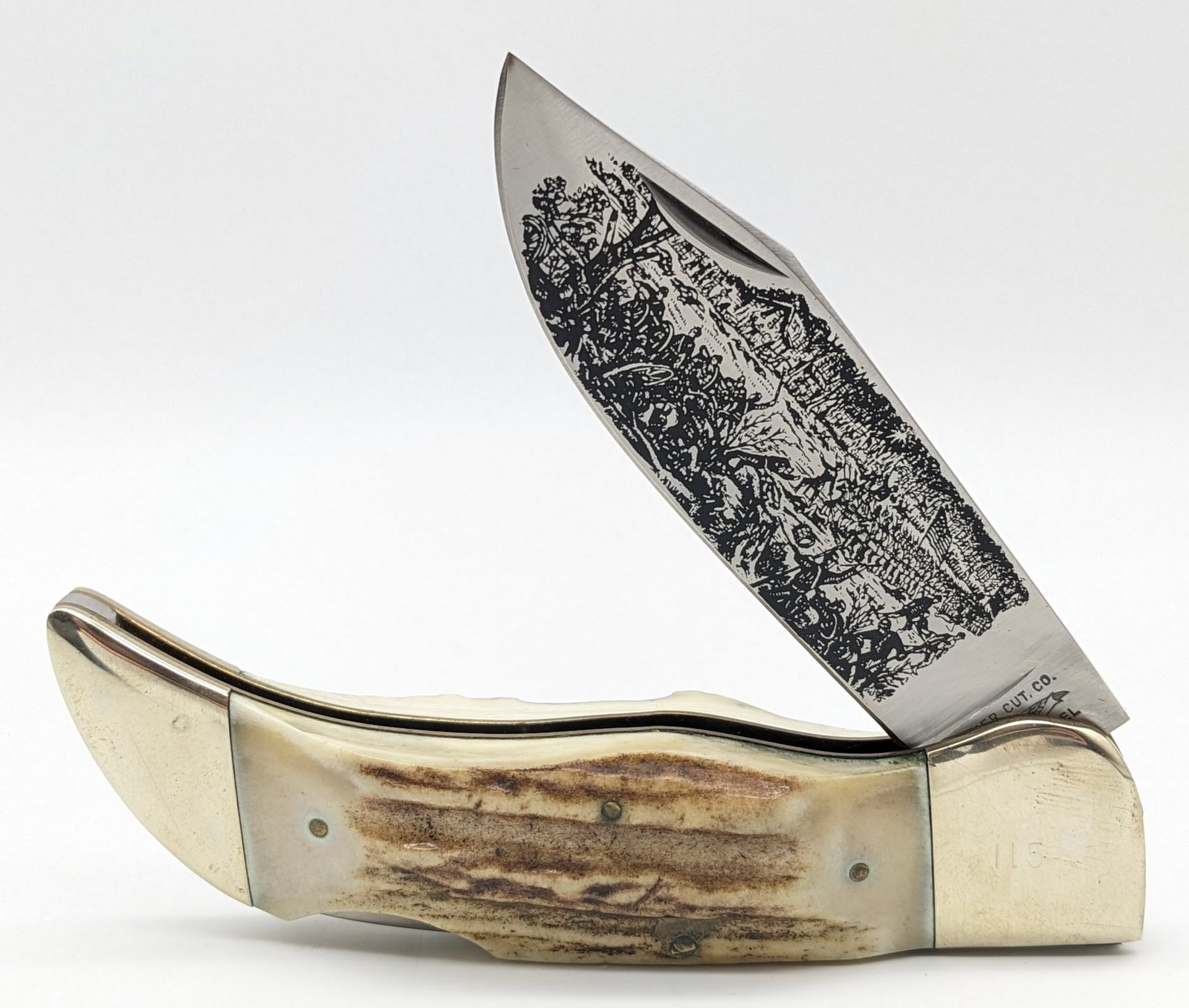 Ltd Parker Cut. Co. American Civil War Stag Handle Bull Dog Knife: Knife is numbered 115 on the upper front bolster, and features etchings of the American Civil War on the blade. Knife is in very nice condition with some tarnishing from age. Overall measures 5in when