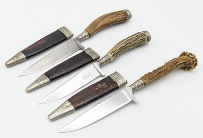 (3) Antique German Stag Handle Hunting Knives w/ Sheaths