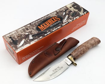 Ltd Marble's SMN Orange Burled Maple Woodcraft Knife w/ Sheath & Box