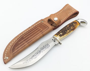 1977 Case XX Blue Scroll Stag 5in Hunting Knife 523-5 w/ Sheath