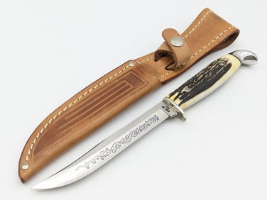 1977 Case XX Blue Scroll Stag 5in Fisherman's Hunting Knife 516-5 w/ Sheath