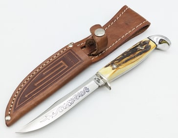 1977 Case XX Blue Scroll Stag 4in Fisherman's Hunting Knife 5 Finn w/ Sheath