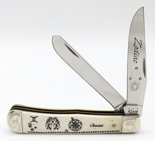 Ltd 2018 Case XX Zodiac Series Gemini Scroll Bolster Natural Bone Trapper 6254