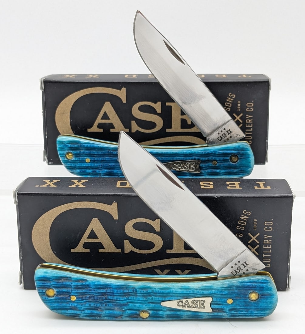 (2) 2024 Case XX Sky Blue Bone Sod Buster Jr's 6137 w/ Boxes: Knives are in like new condition. Overall measures 3-5/8in when closed.