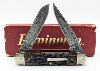 Ltd 2000 Remington Engraved Damascus Silver Bullet Woodsman Knife R4353-D w/ Box