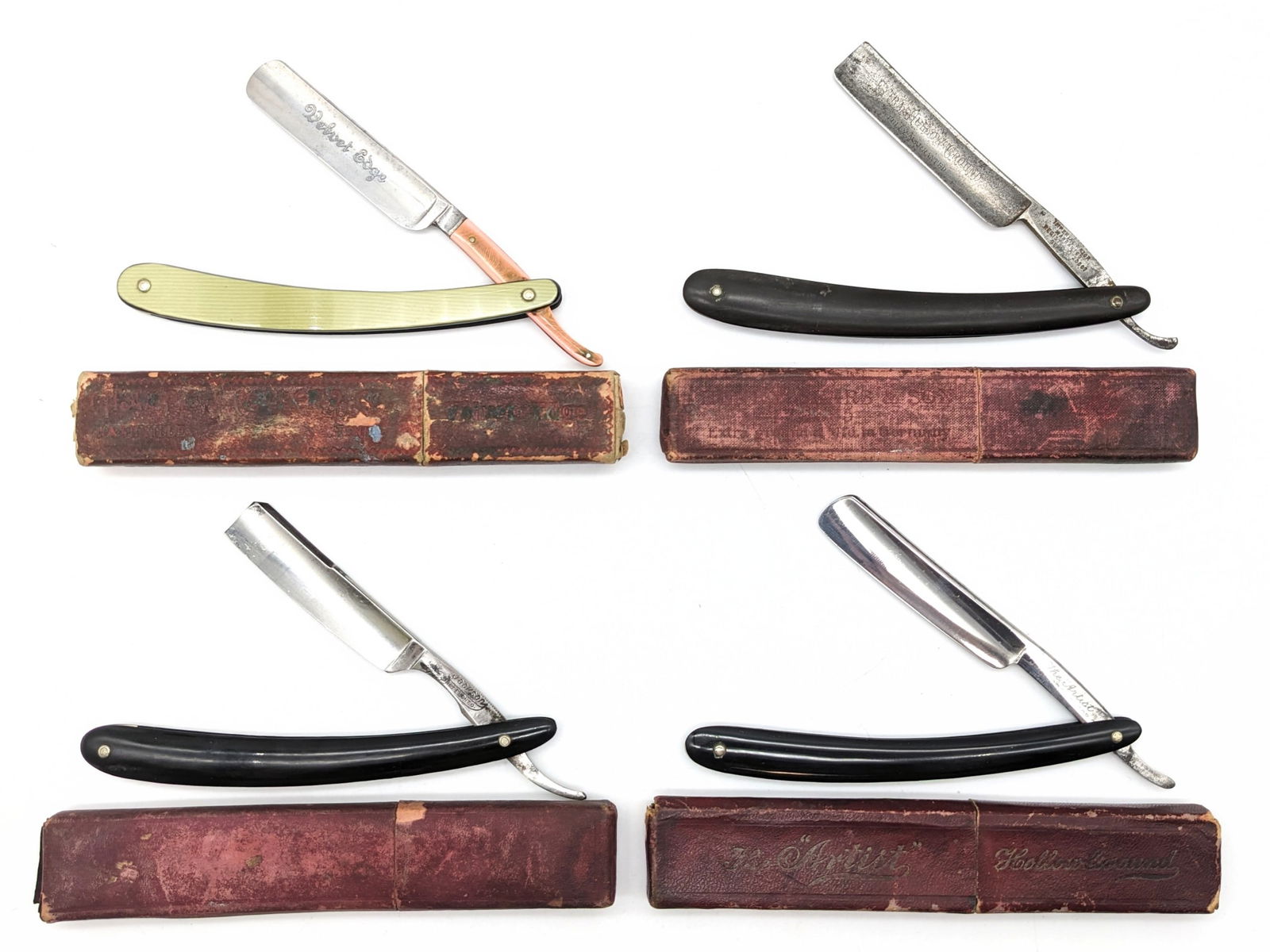 (4) Various Brand Antique Straight Razors w/ Boxes: Brands include Champion Cutlery Co., Jackson Knife Shear Co., Imperial Razor, & J.R. Torrey. Knives feature celluloid and plastic handles, and are in good aged condition with carbon spotting and some