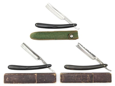 (3) Antique H. Boker Co. Straight Razors w/ Boxes & Sleeve