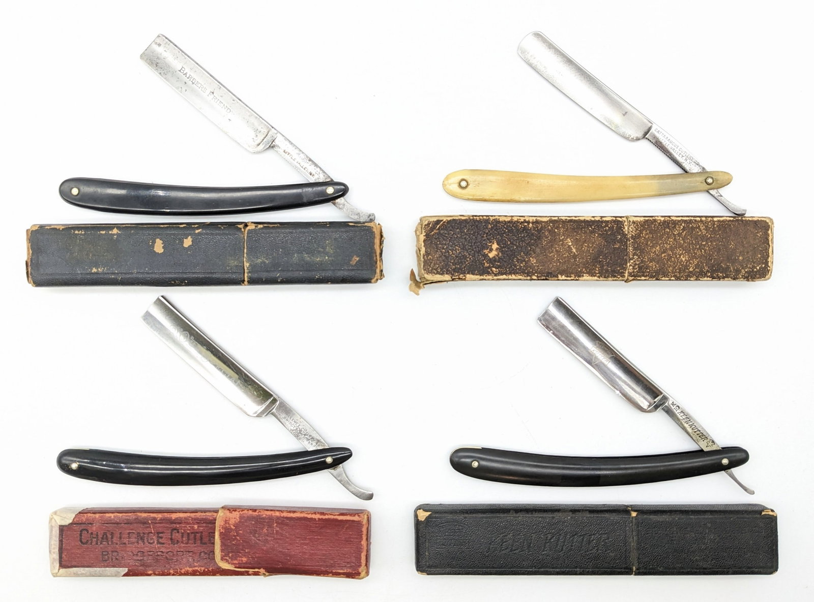 Antique Cattaraugus, Challenge, and Keen Kutter Straight Razors w/ Boxes: Razors feature celluloid black plastic handles, and are in good aged condition with carbon spots and scuffs from use and handling. Overall measures 6-1/4in when closed.
