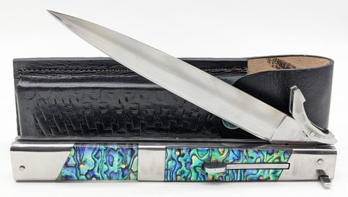 Large Mother of Pearl Swing Guard Stiletto Switchblade w/ Sheath