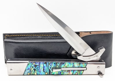 Large Mother of Pearl Swing Guard Stiletto Switchblade w/ Sheath