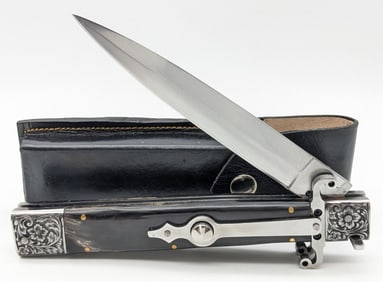 Large Engraved Buffalo Horn Stiletto Switchblade Knife w/ Sheath