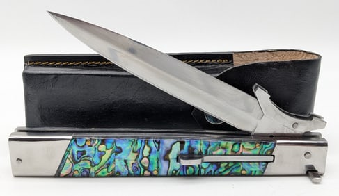 Large Mother of Pearl Swing Guard Stiletto Switchblade w/ Sheath