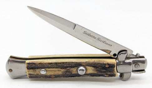 Italian Stag Handle Stiletto Siciliano Switchblade Knife