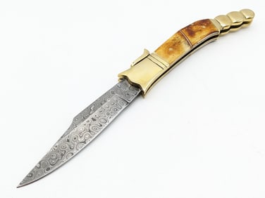 Large Smooth Bone Rattlesnake Rain Drop Damascus Leverlock Switchblade Knife