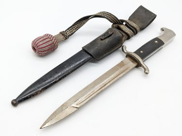 WWII German Unmarked Fireman's Short Dress Dagger w/ Scabbard, Knot, & Frog