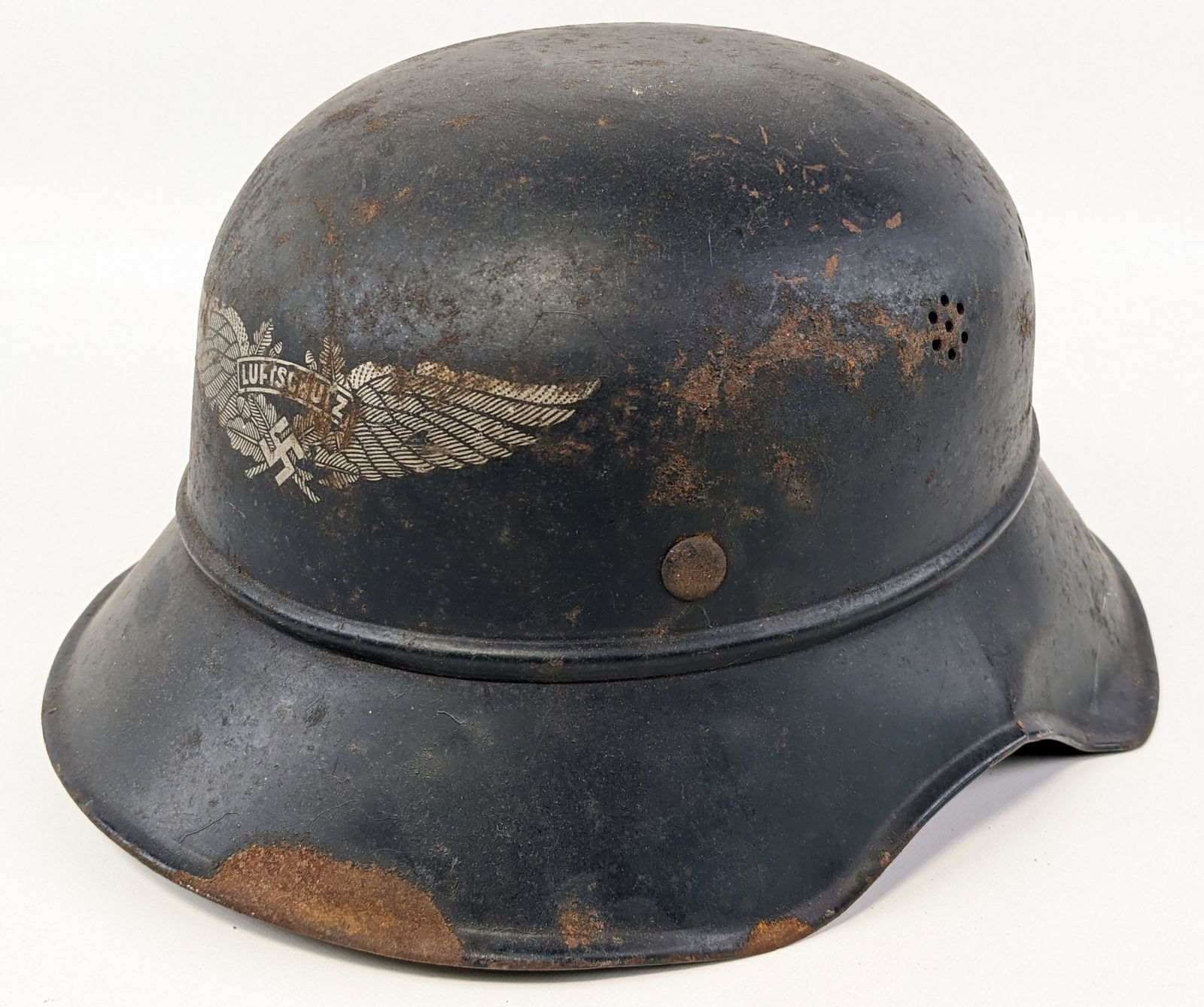 WWII German M38 Luftschutz Gladiator Helmet: Helmet is marked with the Luftschutz eagle on the front, beaded edge, salt and pepper shaker holes, stamped R.L.2-38/28 on the inside back edge, and painted German writing on the inside back edge. Hel
