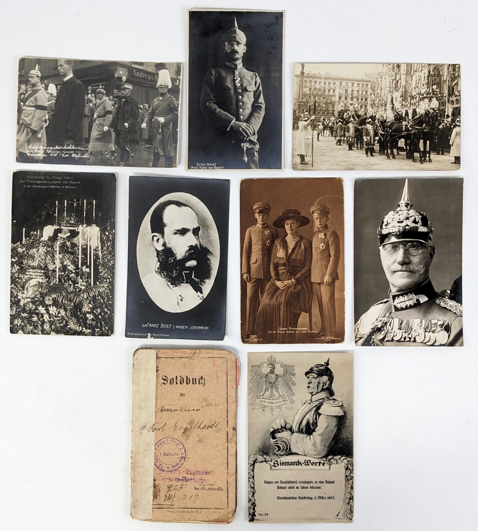 (7) WWI German Real Photo Post Cards & Regimental Papers: Includes photos of German officers, an officers funeral photo, and papers for a soldier in the 12th Artillery Unit. Post cards are in good condition with some bent edges and edge wear from age, and th