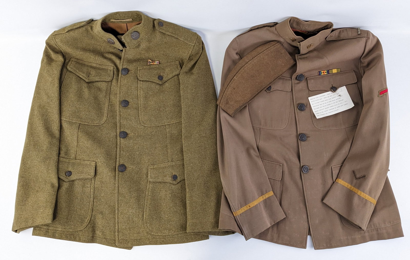 WWI US Field & Dress Tunics: Both tunics come with WWI Victory ribbons with one having four stars and the other with three. The field tunic has 12th Railway Engineer lapel pins, and the dress tunic has 1st lieutenant shoulder med