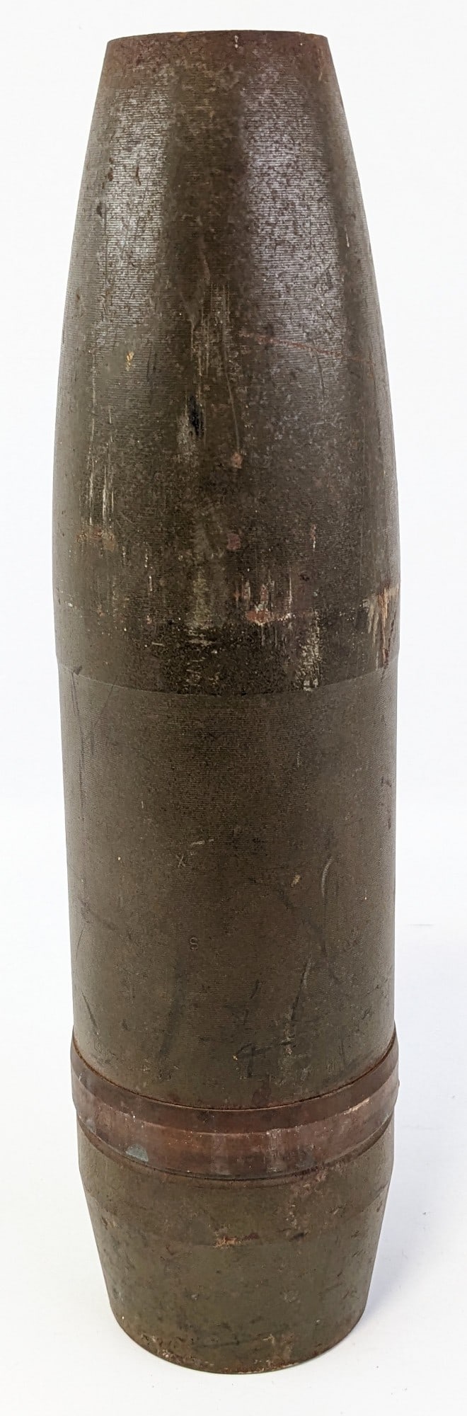 US 105mm Howitzer Artillery Projectile: Projectile is unmarked and is missing the fuse cap. Projectile is in nice condition with scuffs on the green finish. Measures 15-3/4in tall.