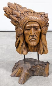 Carved Wood Native American Chief Bust Sculpture
