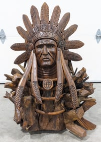3.5ft Teak Wood Native American Chief Bust Sculpture