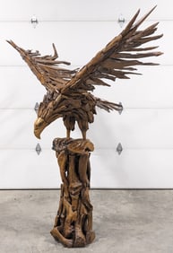 7ft Wide Teak Wood Perched Eagle Sculpture