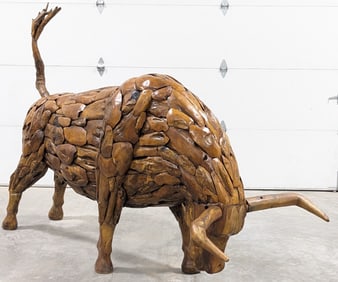8ft Teak Wood Running Bull Sculpture