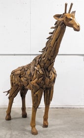 7.5ft Teak Wood Giraffe Sculpture